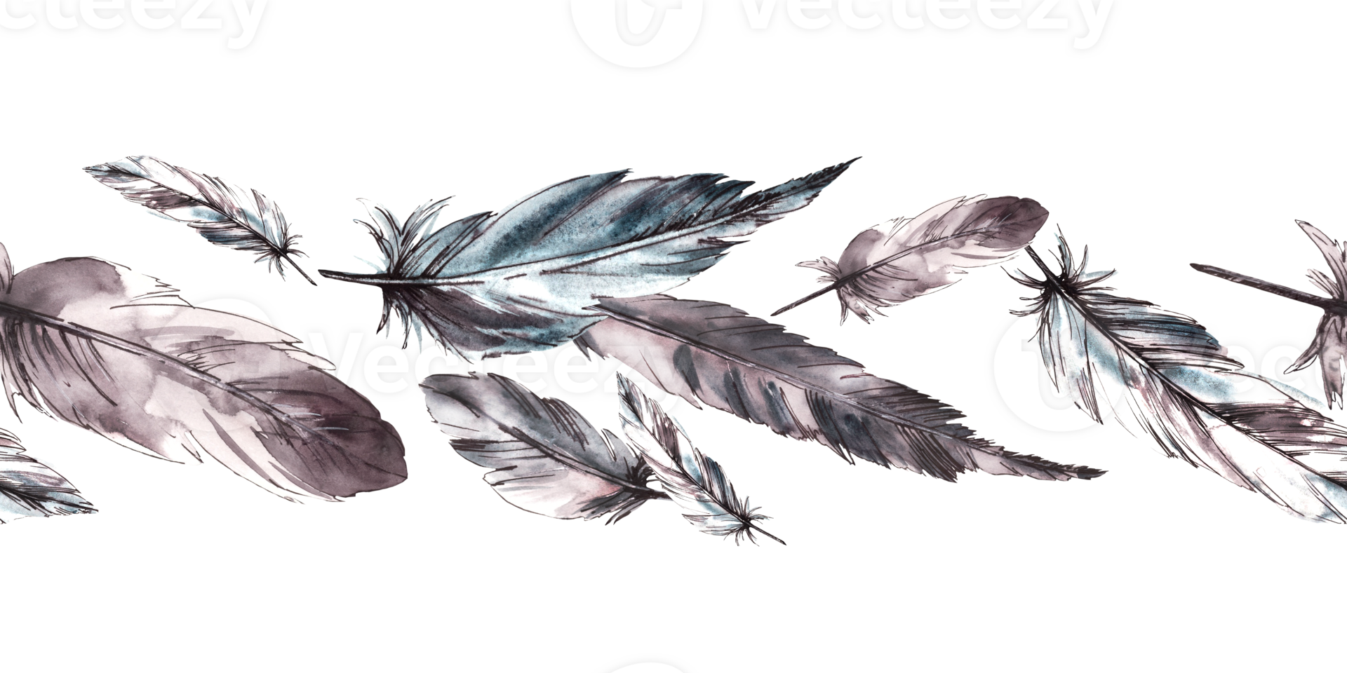 Watercolor feathers, monochrome bird wings grey black color with graphic ink line seamless border, pattern Quills clipart drawing illustration Wrapping, fabric, packing print background png