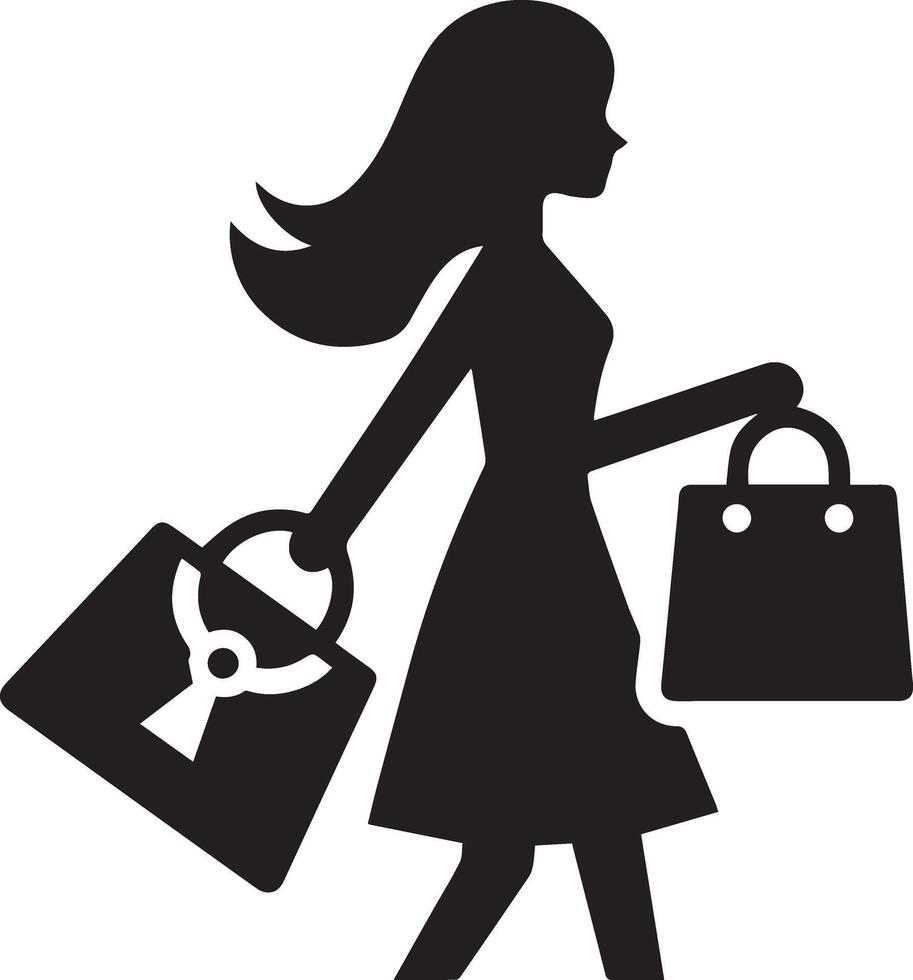 Minimal shopping woman icon silhouette, white background, fill with black 13 vector