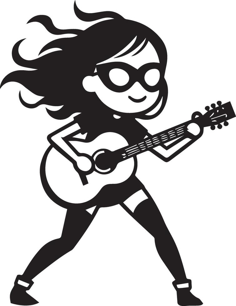 mínimo cómic niña bailando con guitarra gracioso plano personaje silueta, negro color silueta 2 vector
