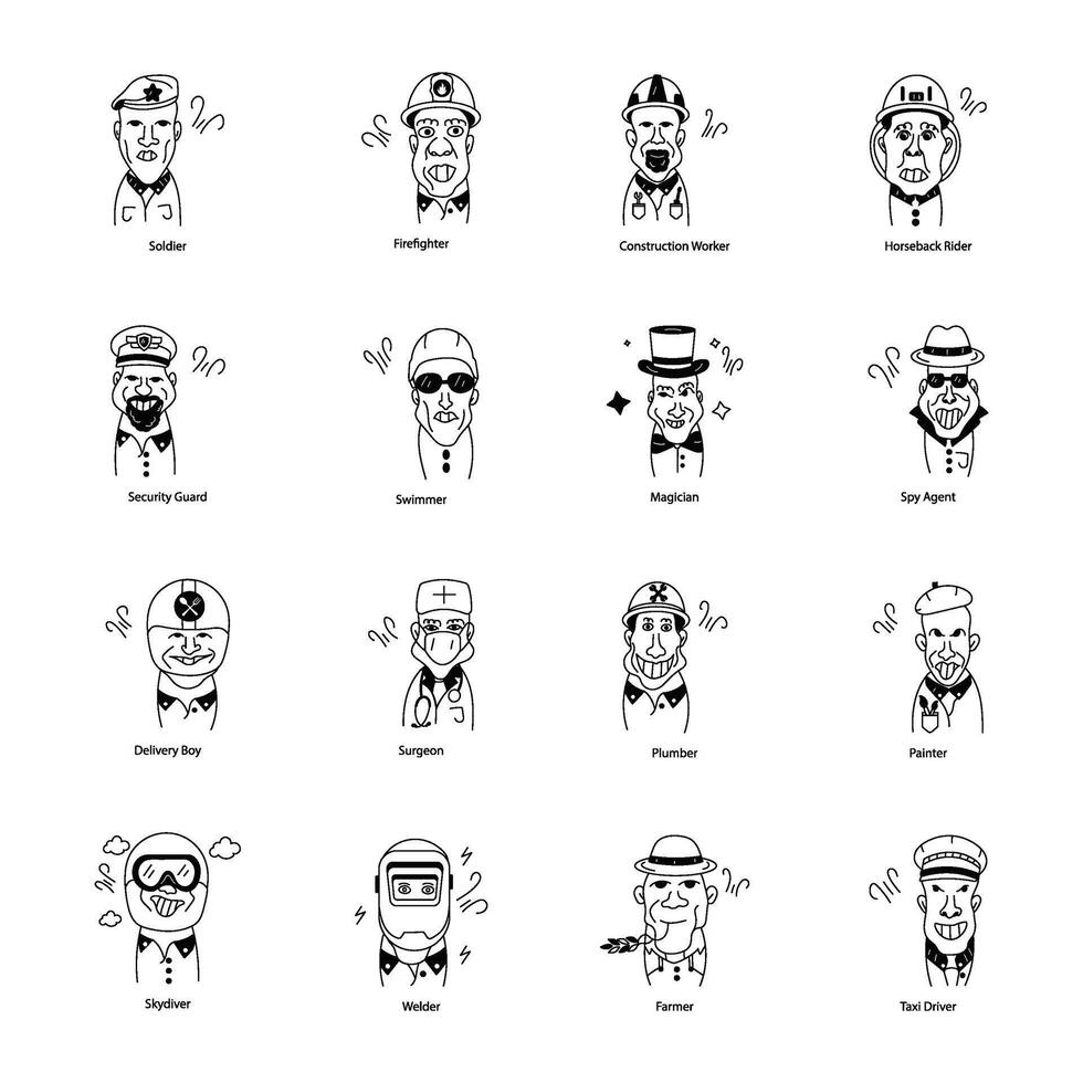 Collection of Funny Characters Doodle Icons vector