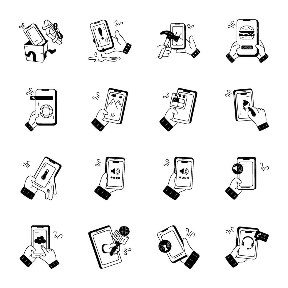 Set of 16 Phone Apps Doodle Icons vector