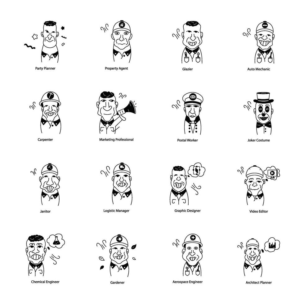 Set of Funny Persons Doodle Icons vector