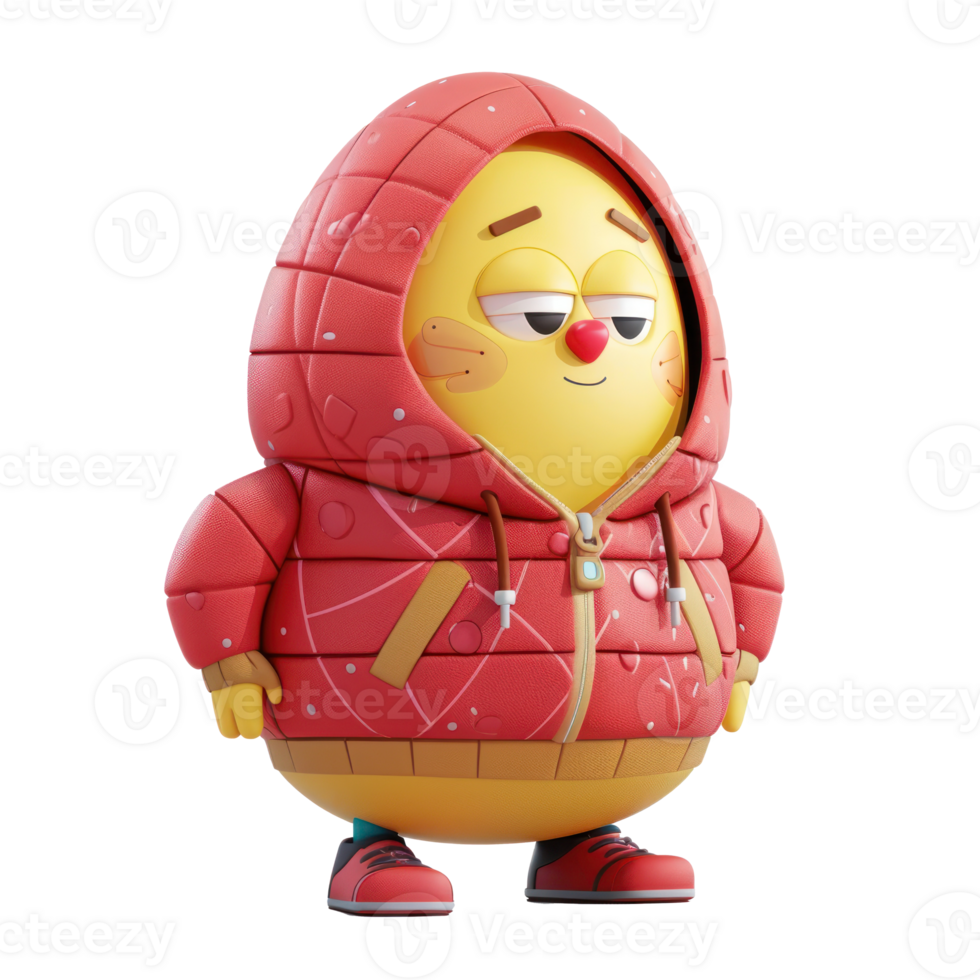 Pascua de Resurrección amarillo huevo chico personaje con rojo chaqueta, 3d ilustración aislado en transparente antecedentes png