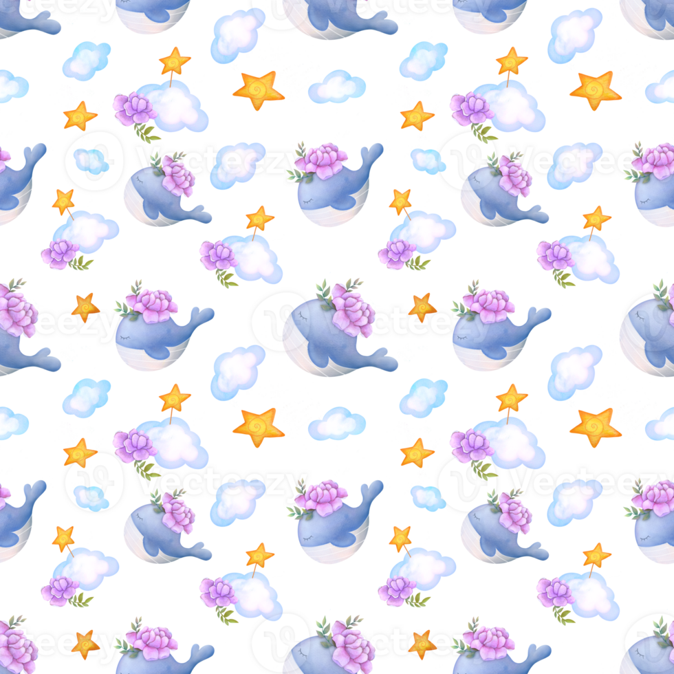 Whale seamless pattern. Underwater world watercolor repeated background. cute childish Cartoon print. Trendy kids background with fish, flowers, clouds, stars png