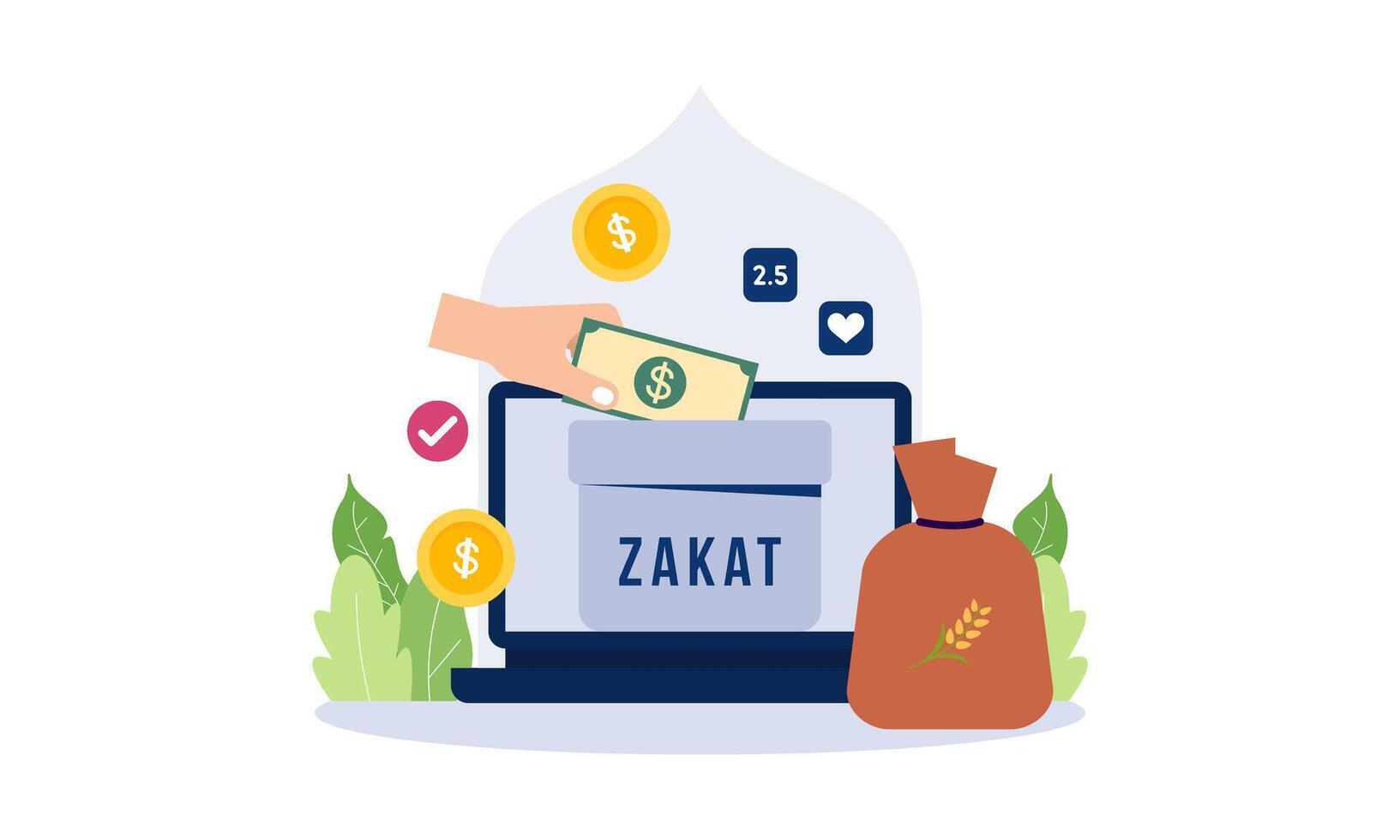 pagar zakat o en línea zakat solicitud para islámico Ramadán concepto vector