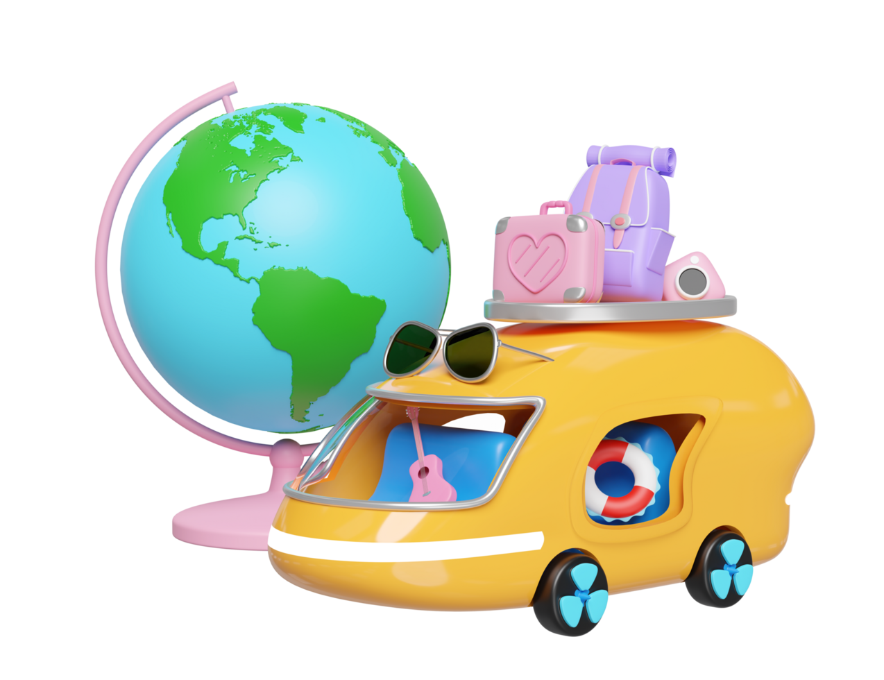 3d autobús o camioneta con guitarra, equipaje, cámara, Gafas de sol, globo aislado. verano viaje concepto, 3d hacer ilustración png