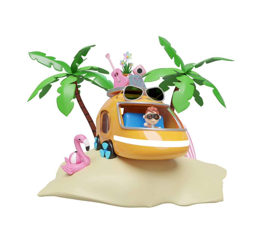 3d bus or van with boy, island, surf board, tree, guitar, luggage, camera, sunglasses, flower, flamingo isolated. summer travel concept, 3d render illustration png