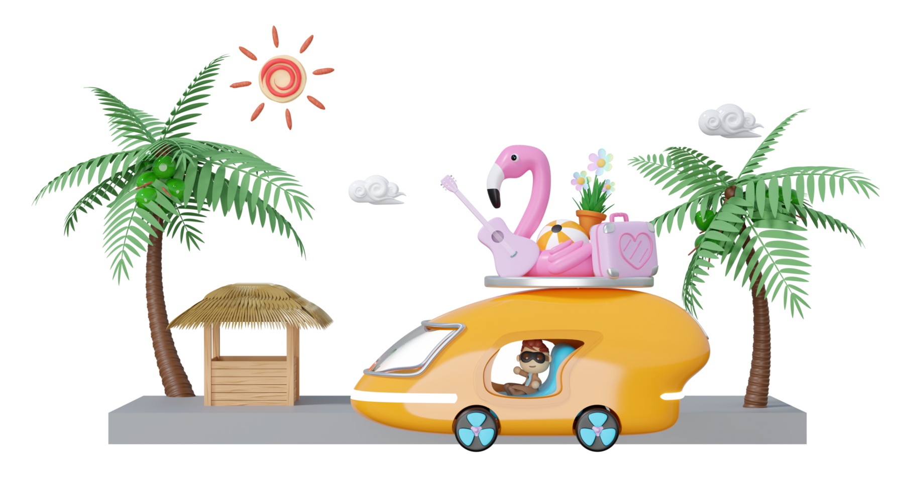 3d tourist buses run along the beach road with boy, tree, guitar, luggage, sunglasses, flower, flamingo isolated. summer travel concept, 3d render illustration png