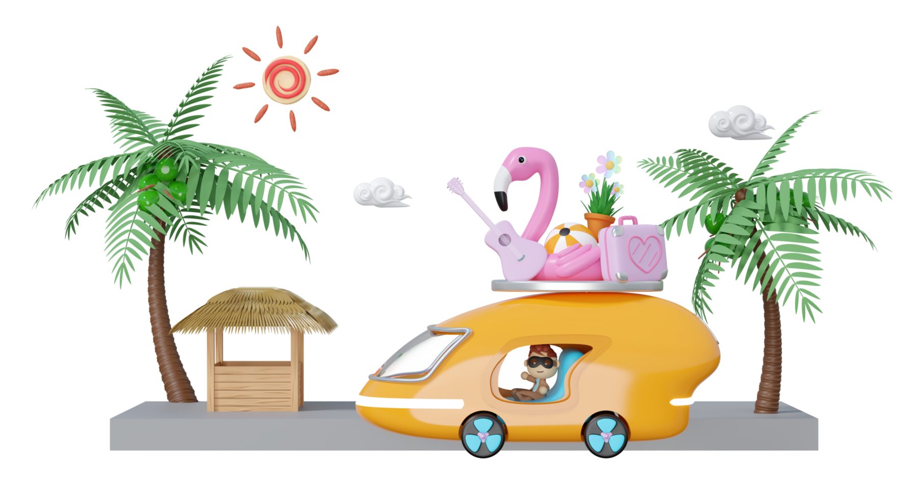 3d turista ônibus corre ao longo a de praia estrada com garoto, árvore, guitarra, bagagem, oculos de sol, flor, flamingo isolado. verão viagem conceito, 3d render ilustração png