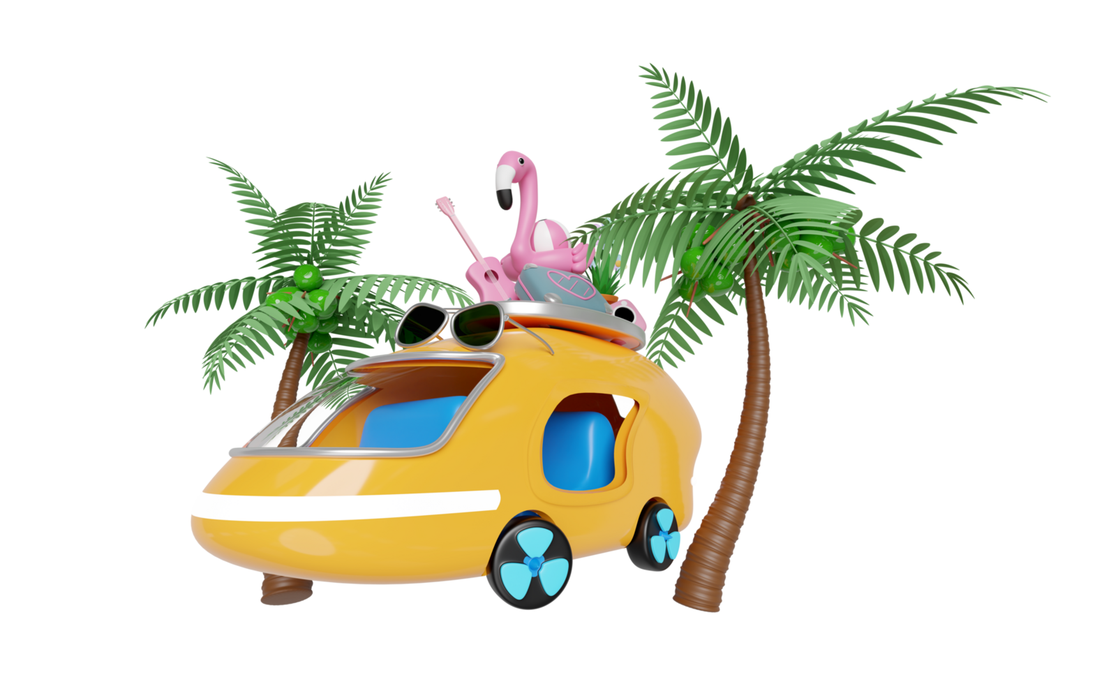 3d bus or van with tree, guitar, luggage, camera, sunglasses, flower, flamingo isolated. summer travel concept, 3d render illustration png