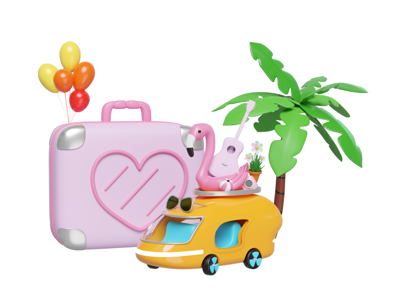 3d bus or van with tree, guitar, luggage, balloons, camera, sunglasses, flower, flamingo isolated. summer travel concept, 3d render illustration png