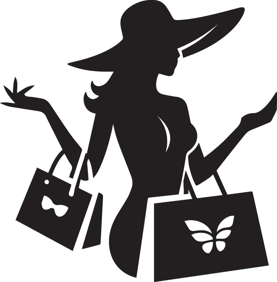 Minimal shopping woman icon silhouette, white background, fill with black 17 vector