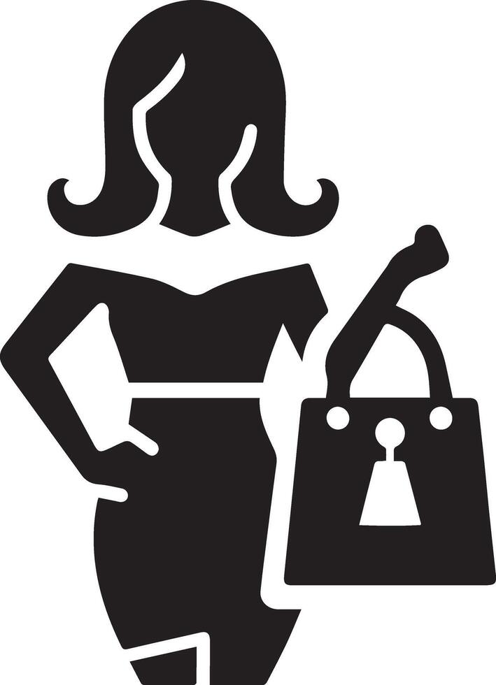 Minimal shopping woman icon silhouette, white background, fill with black 14 vector