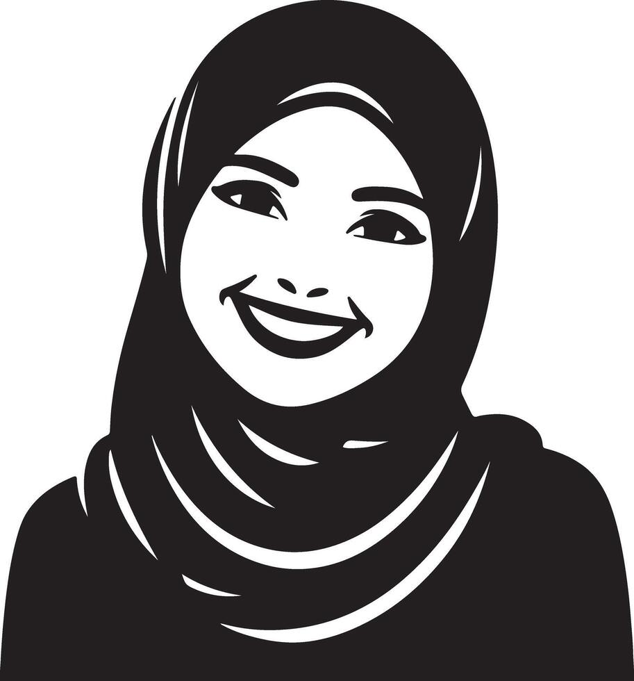 un sonriente hijab mujer plano silueta, negro color silueta 18 vector