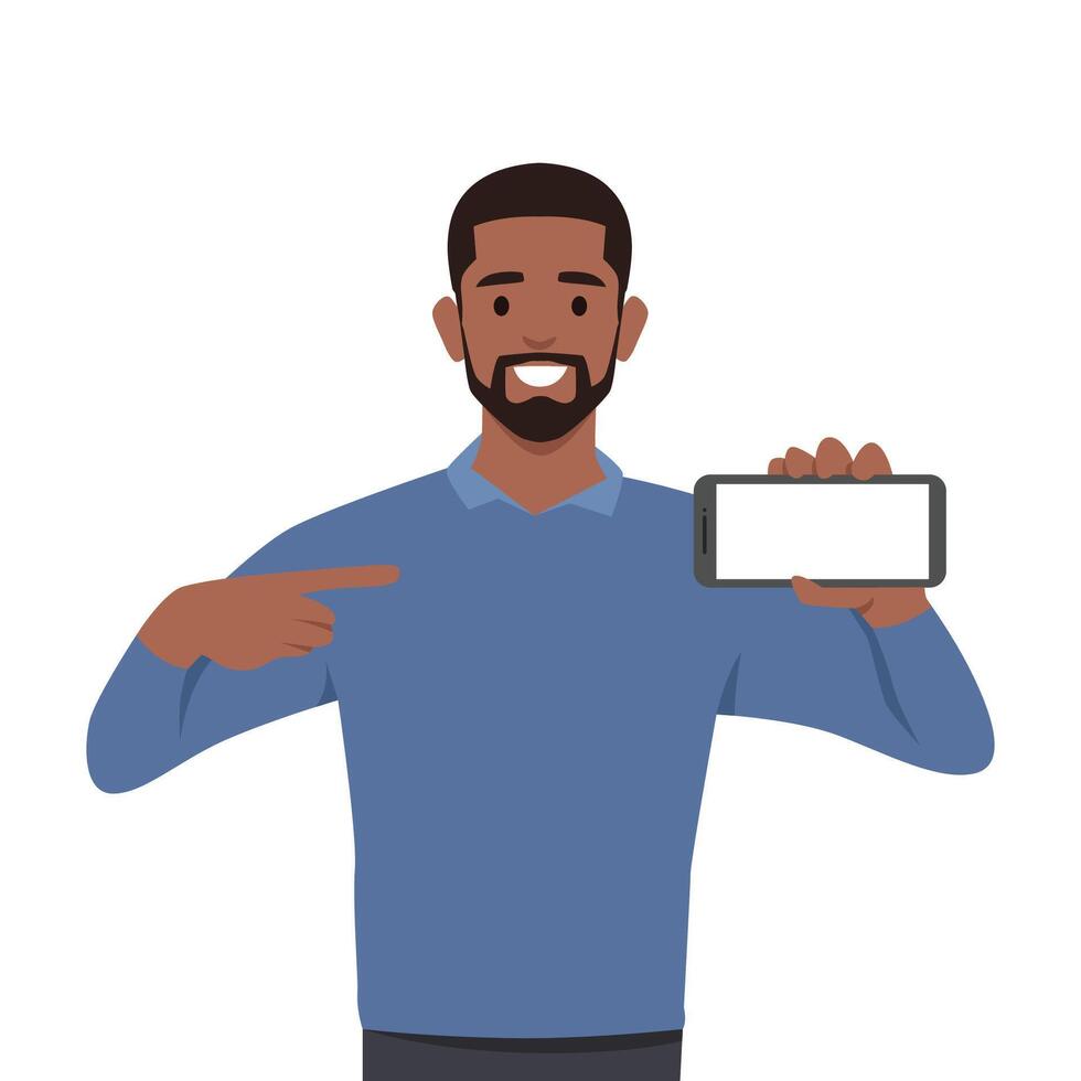 Young black man pointing on smartphone concept character. vector