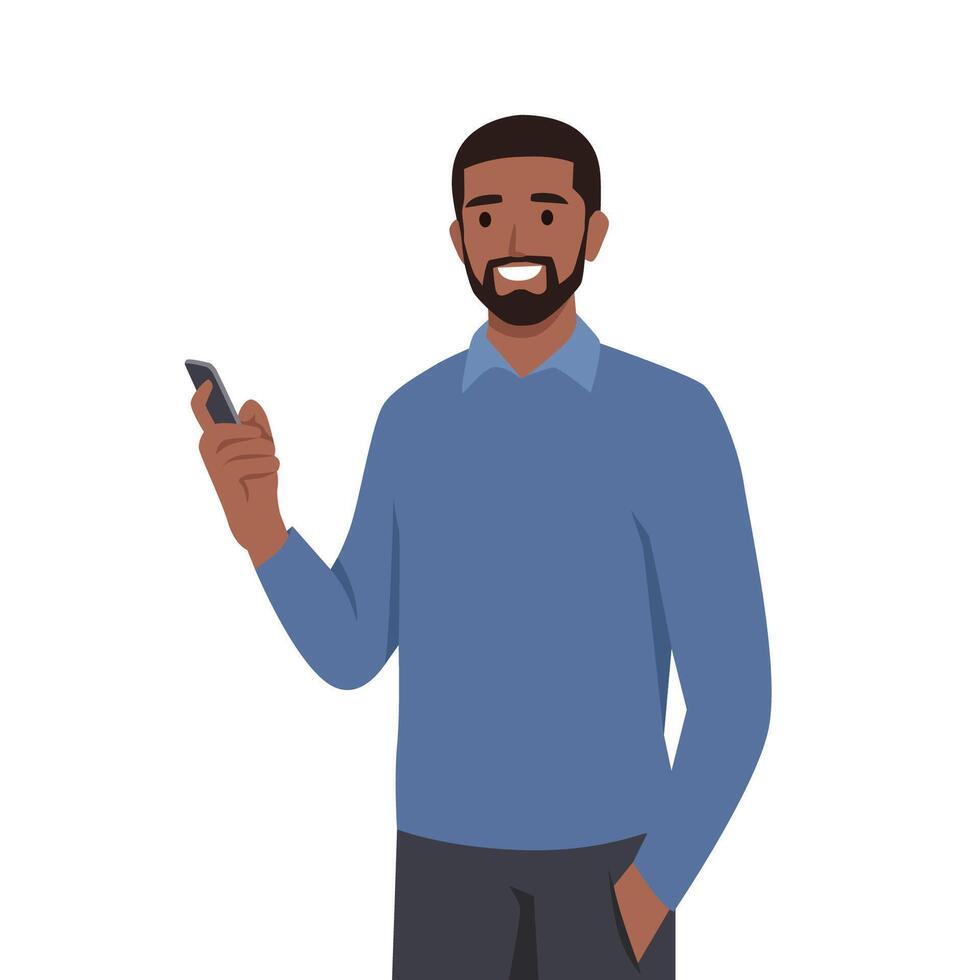 Young man is holding a smartphone. Person and gadget. Communication in the network. vector