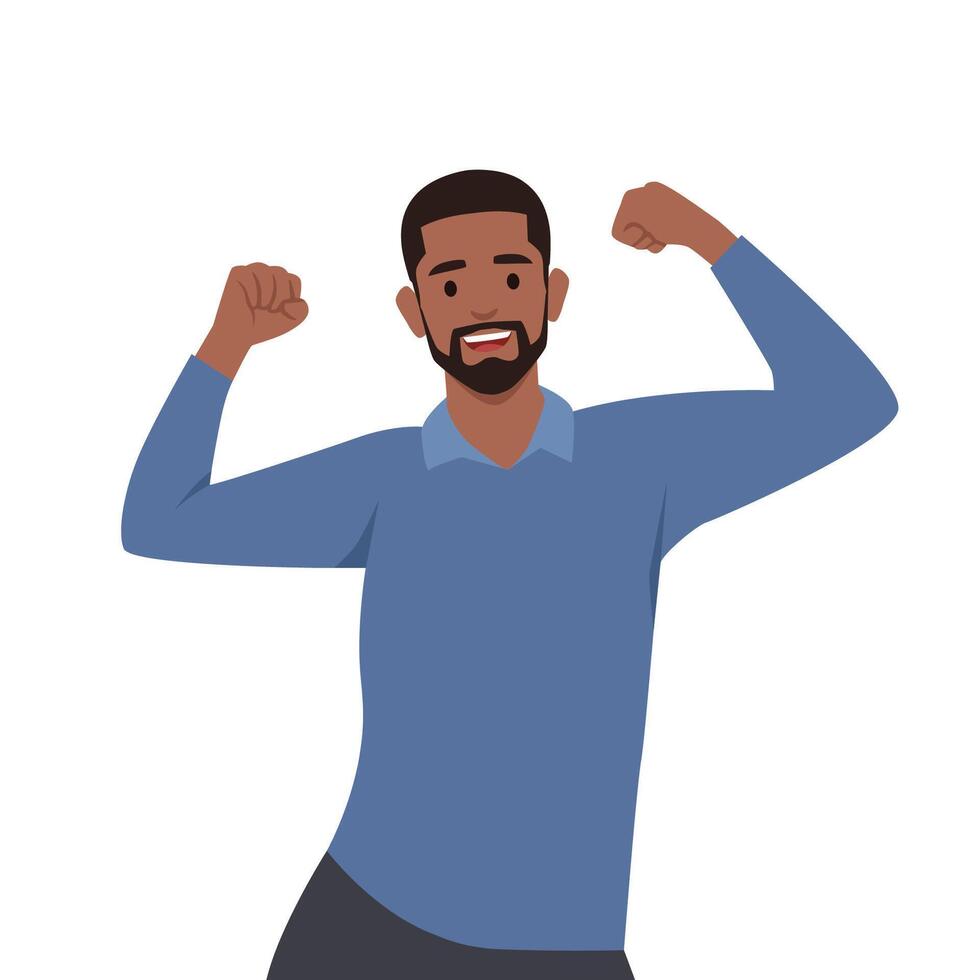 Young man winning at work. Businessman with fist up happy. vector