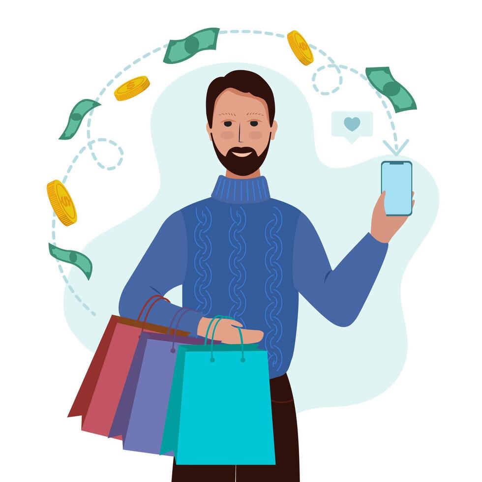 Cute man in winter clothes hold smartphones and do shopping. Cashback