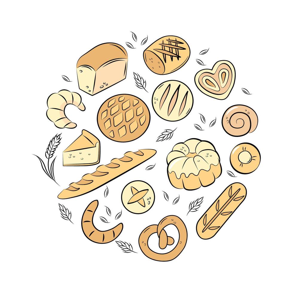 Bakery, bread, baguette, croissant, bun, pie. Round composition. vector
