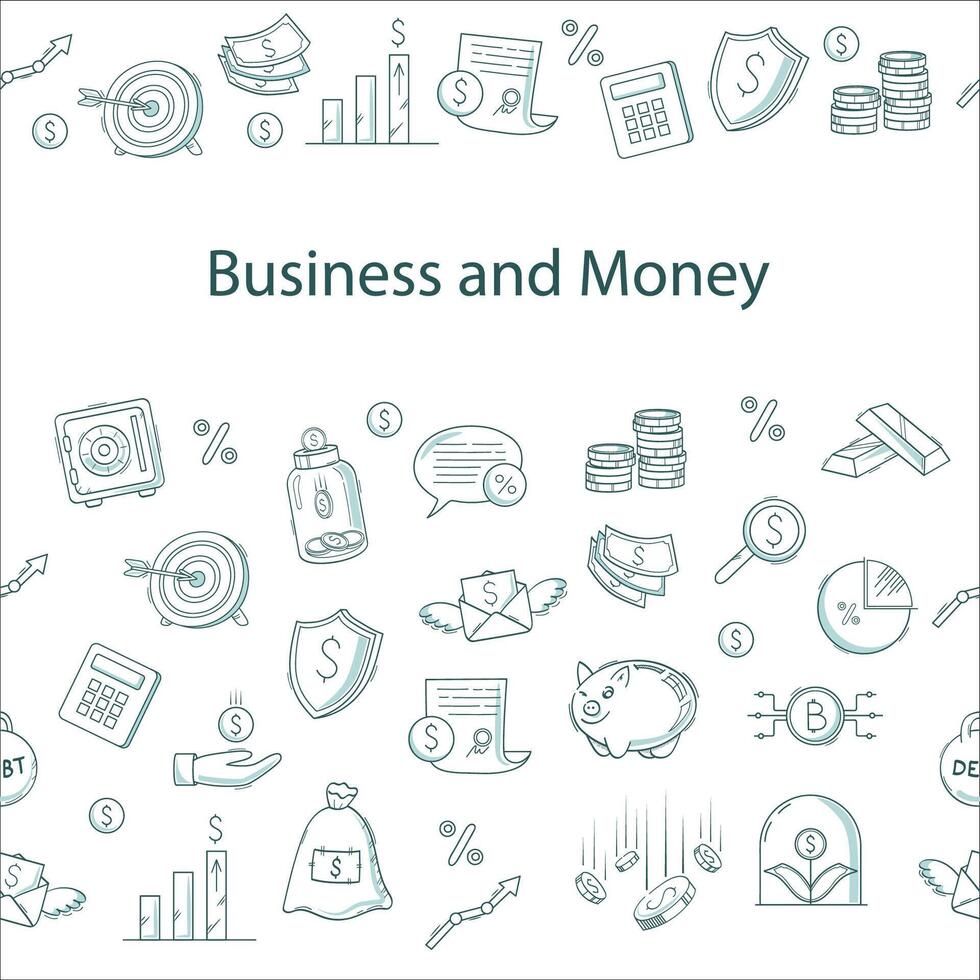 Finance and business doodle line icons collection. Money, cryptocurrency, dollar, piggy bank, contract, etc. Seamless pattern on white background. vector
