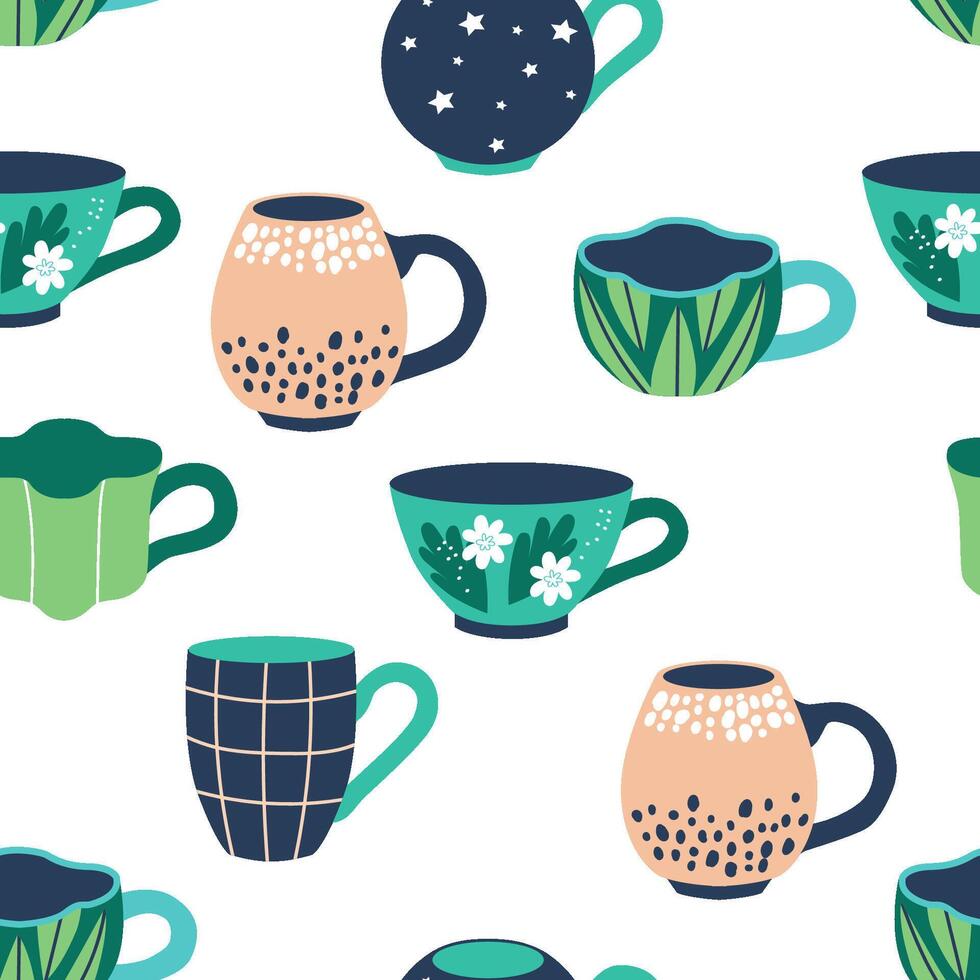 Seamless pattern with tea cups. Trendy dishes different shapes and ornaments on light background. vector