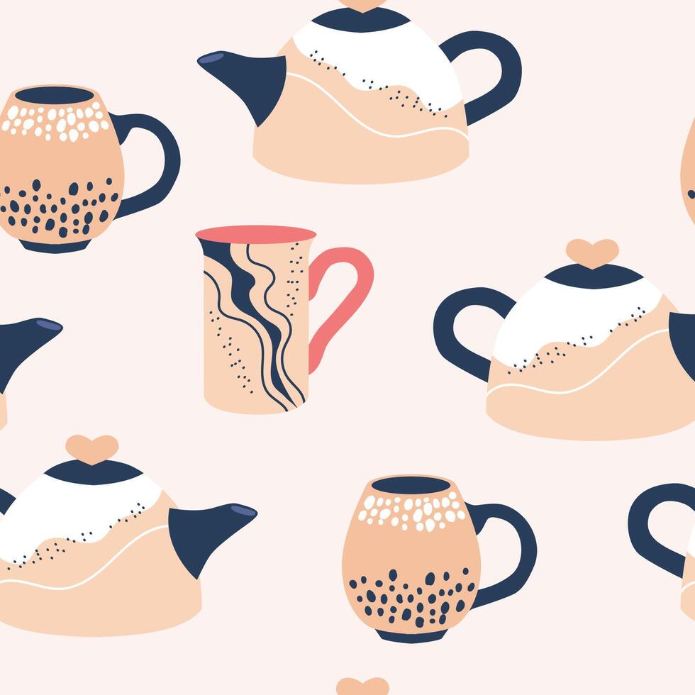 Seamless pattern with modern tea cups and teapot. Cute dishes different shapes and ornaments on beige background. vector