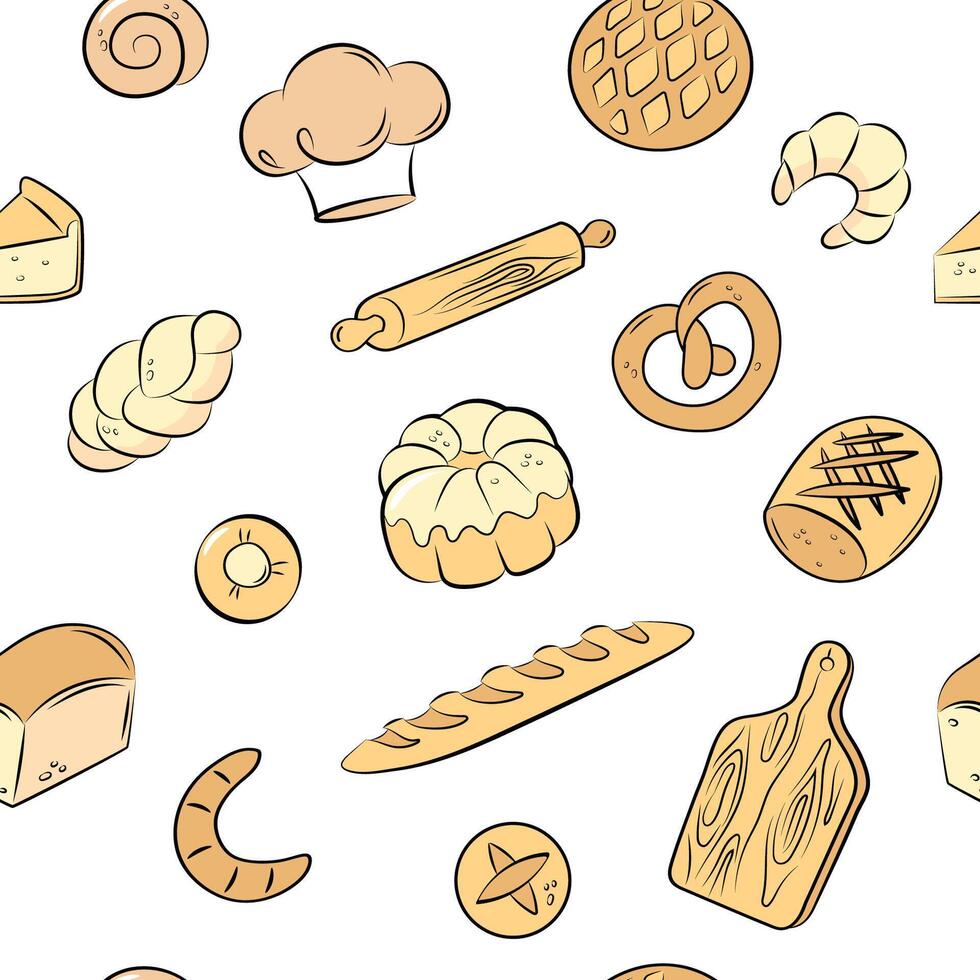 Color bakery seamless pattern of doodle icons on white background. vector