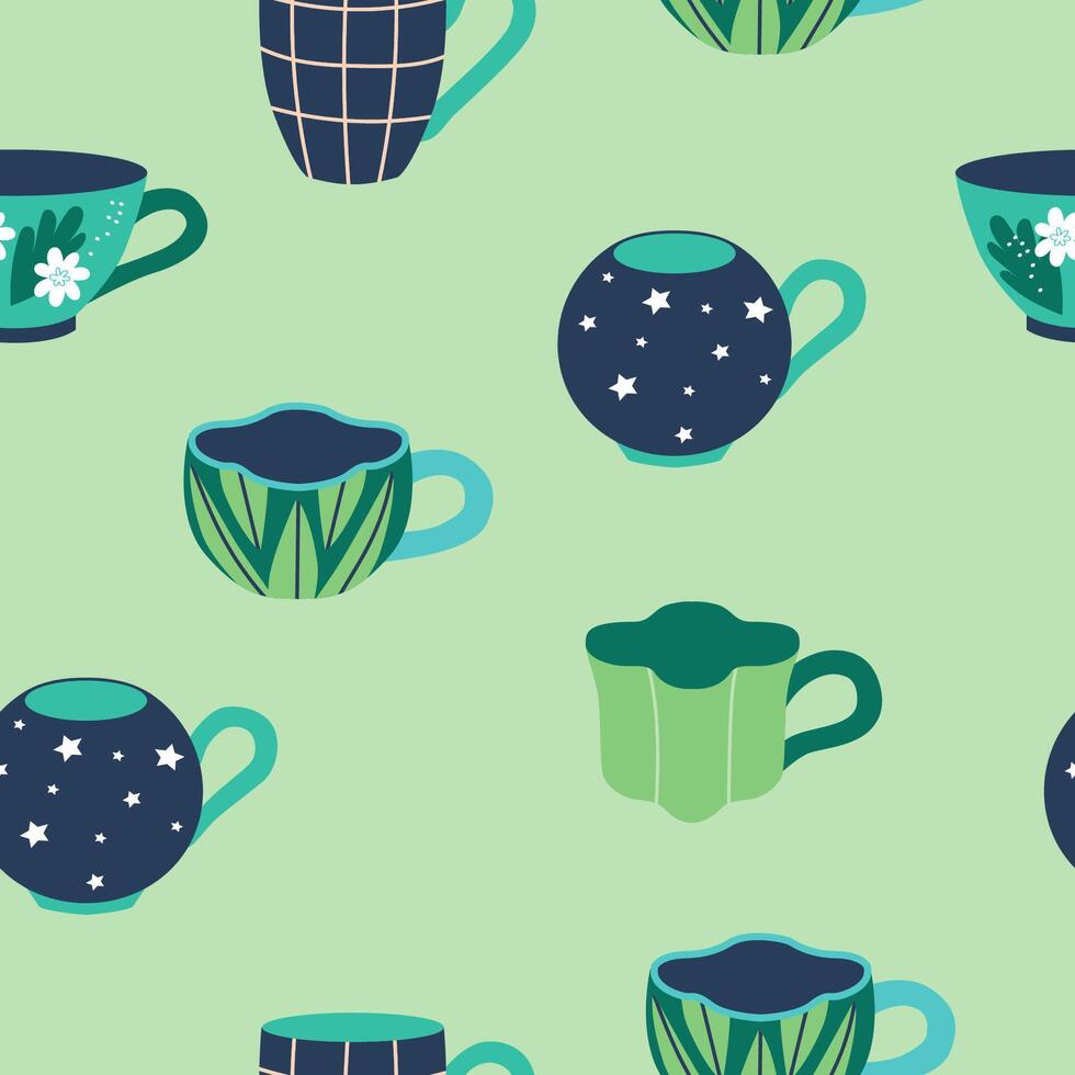 Seamless pattern with various tea cups. Cute dishes different shapes and ornaments on green background. vector