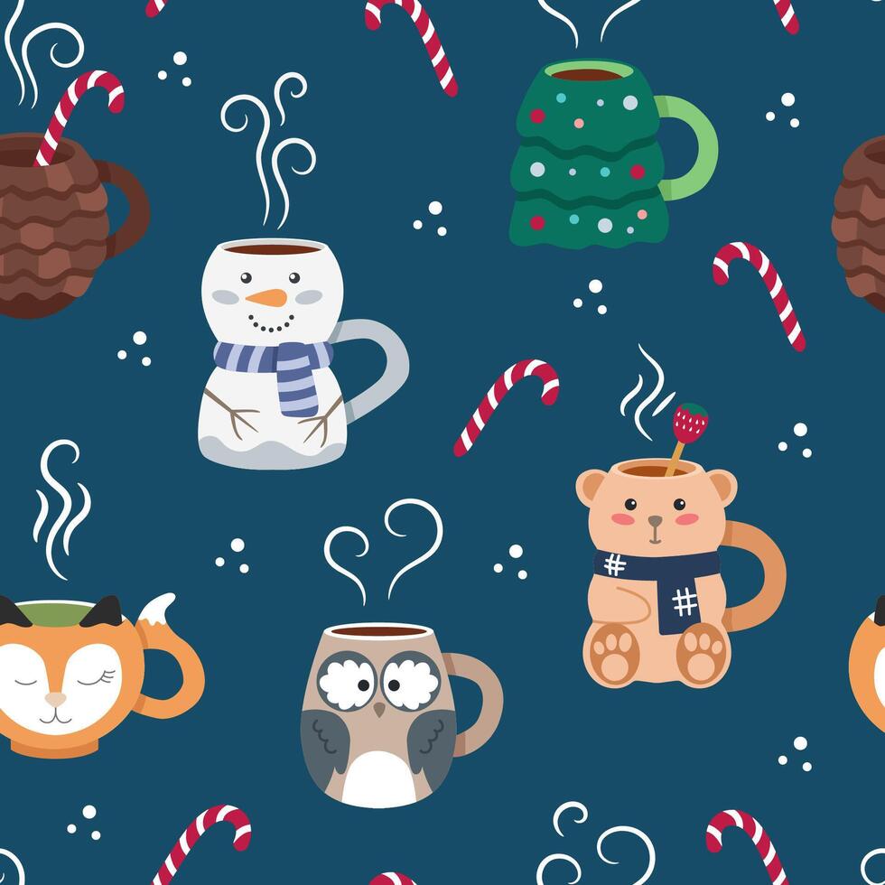 Cute winter mugs with hot drinks in the shape of snowman, fox, Christmas tree, pine cone, bear toy. Beautiful seamless pattern for printing on packaging, fabric, wrapping paper. vector