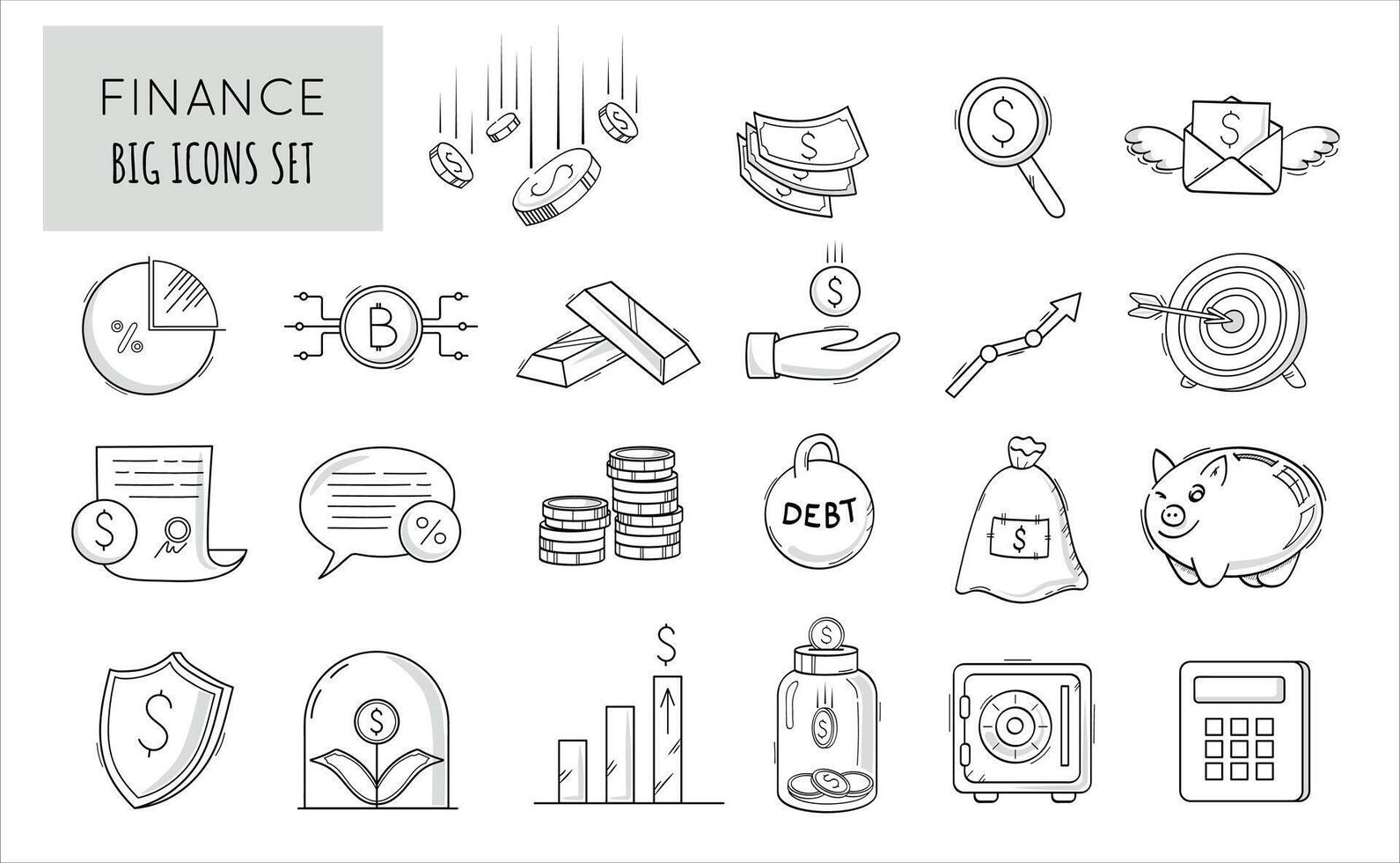 Finance and business doodle line icons collection. Money, cryptocurrency, dollar, piggy bank, contract, etc. vector