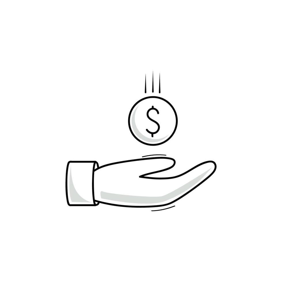 Hand catches the money. The dollar falls into hand. Doodle line icon. vector