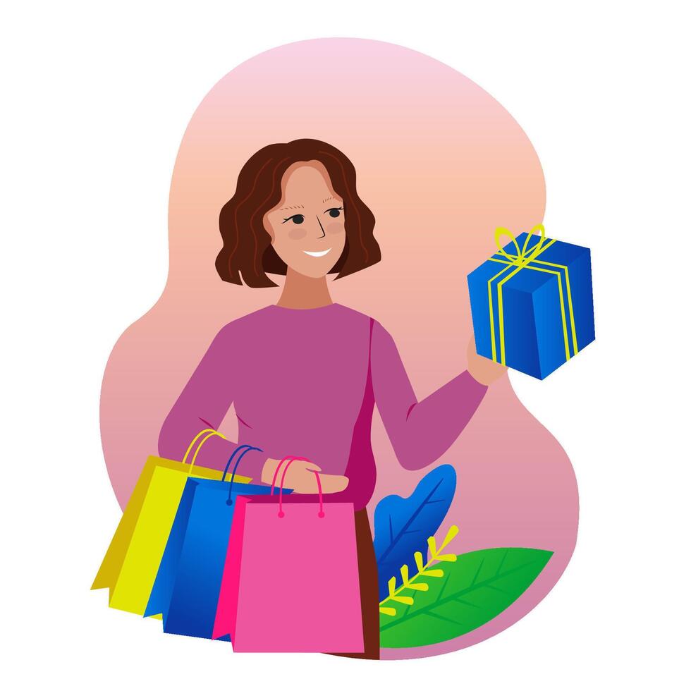 joven hermosa mujer hacer compras y participación un regalo. vector