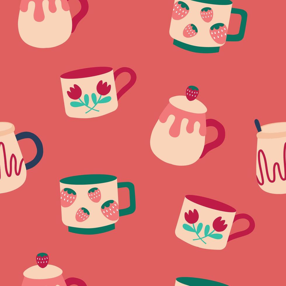 sin costura modelo con varios té tazas. linda platos diferente formas y adornos en rosado antecedentes. vector