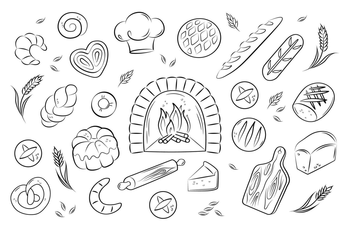 Bakery, bread, croissant, bun, pie, wood-burning oven. Set of doodle icons on white background. vector