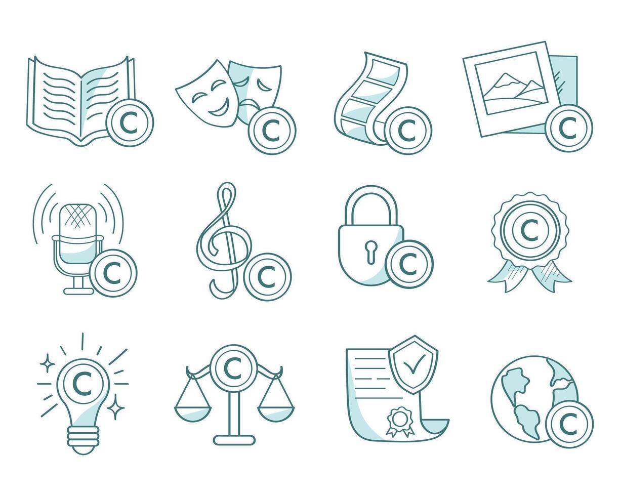 Copyright for works of art, literature, cinema, music, podcasts. The law protects intellectual property. Doodle set of icons. vector