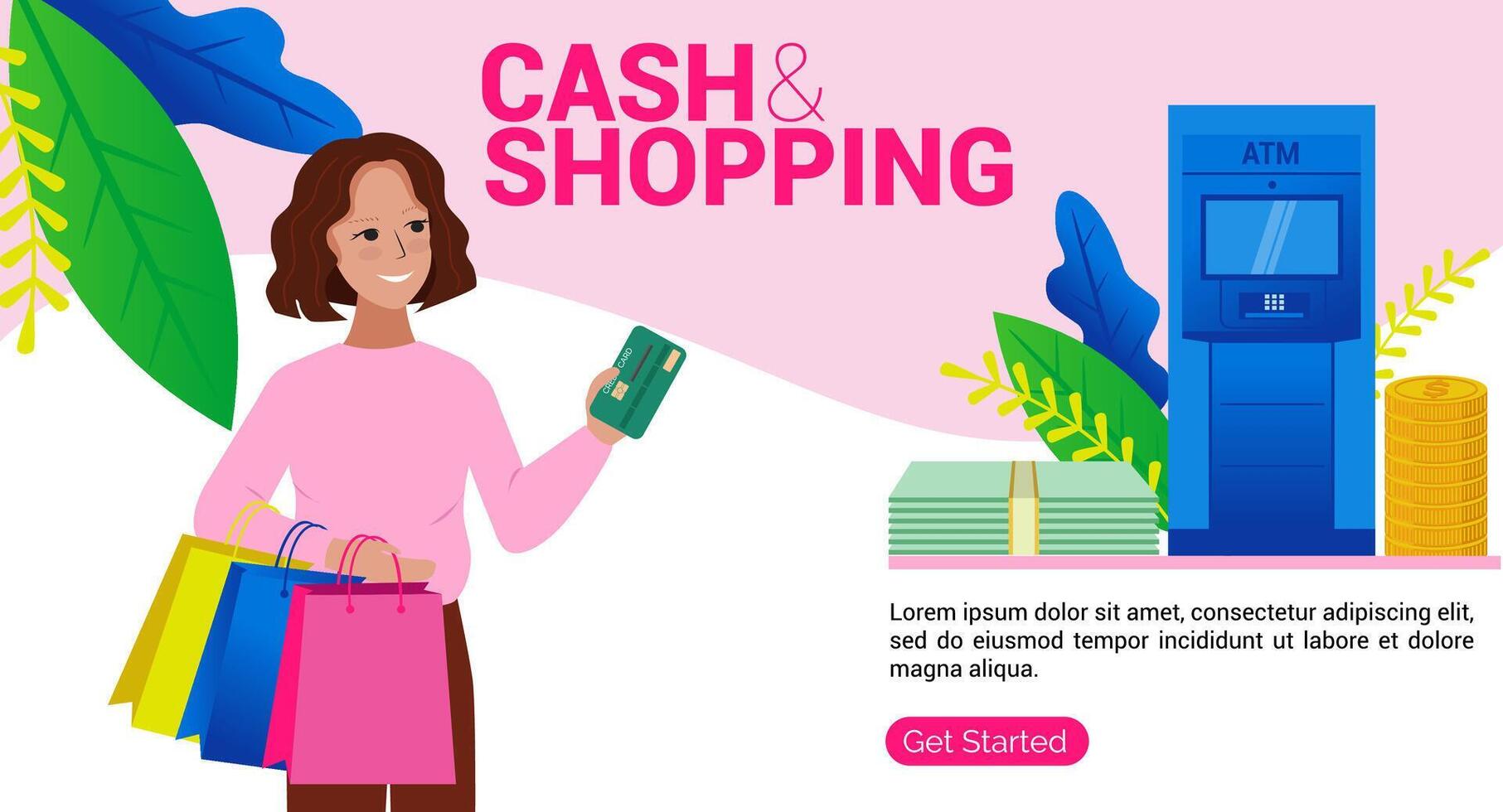 mujer con compras pantalones y un crédito tarjeta. el comprador y Cajero automático. vector