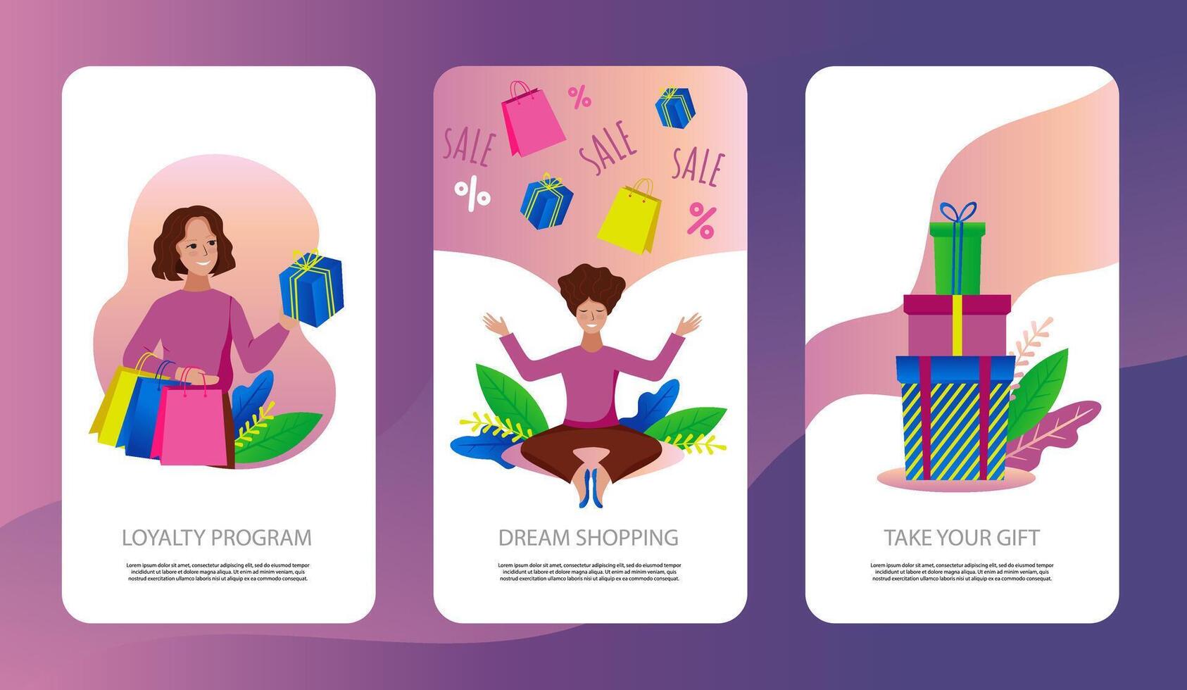 Mobile app screen template. Shopping concept with cute cartoon characters. vector
