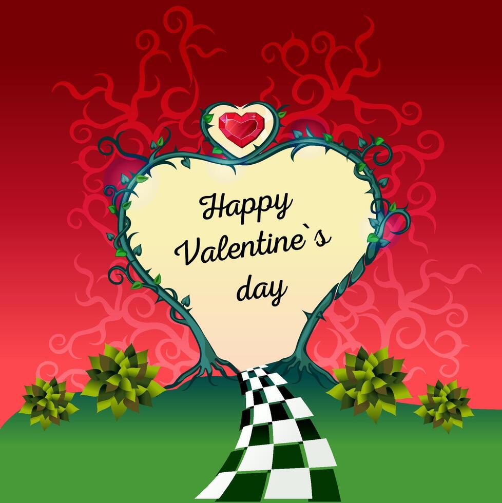 Alice in Wonderland. Red frame gate in the shape of a heart of roses, the road from the chessboard vector