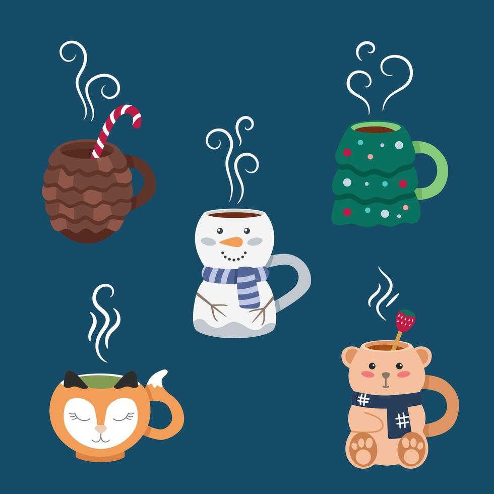 Cute winter mugs with hot drinks in the shape of snowman, fox, Christmas tree, pine cone, bear toy. vector
