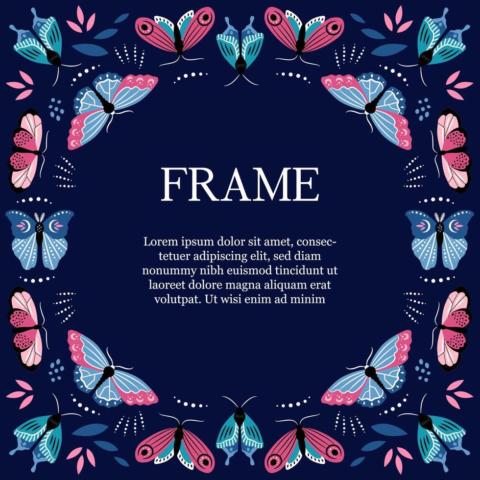 Beautiful template frame with butterflies for social media, greeting card, invitation. Place for text. vector