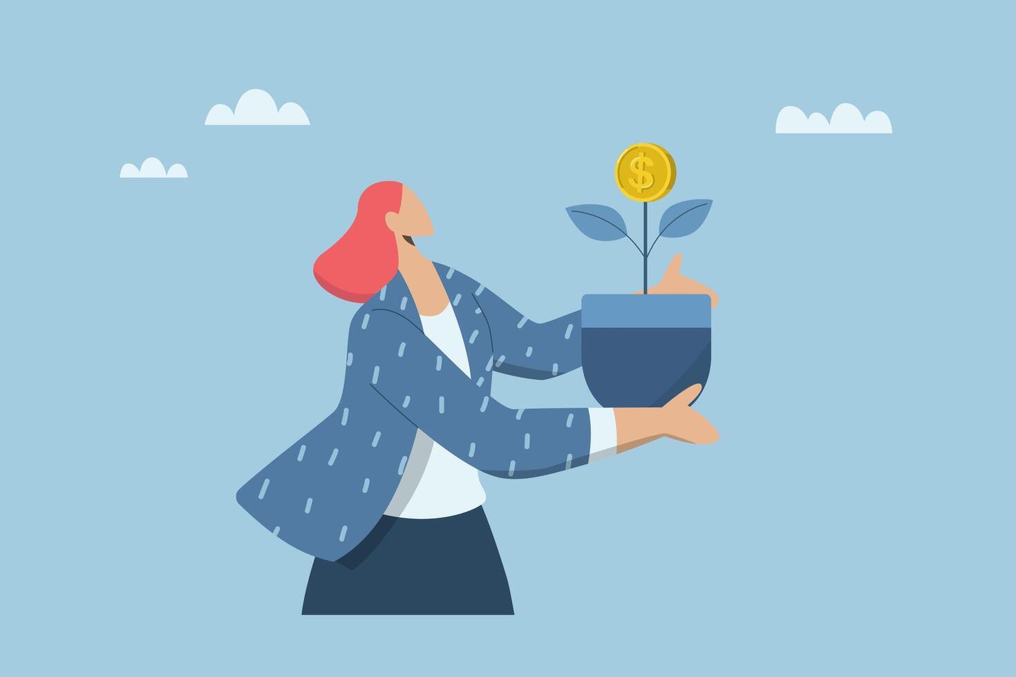 Growth of investment profit, Interest or return on savings, Personal finance management concept, Female investor with potted money plant growing and issuing coins. design illustration. vector