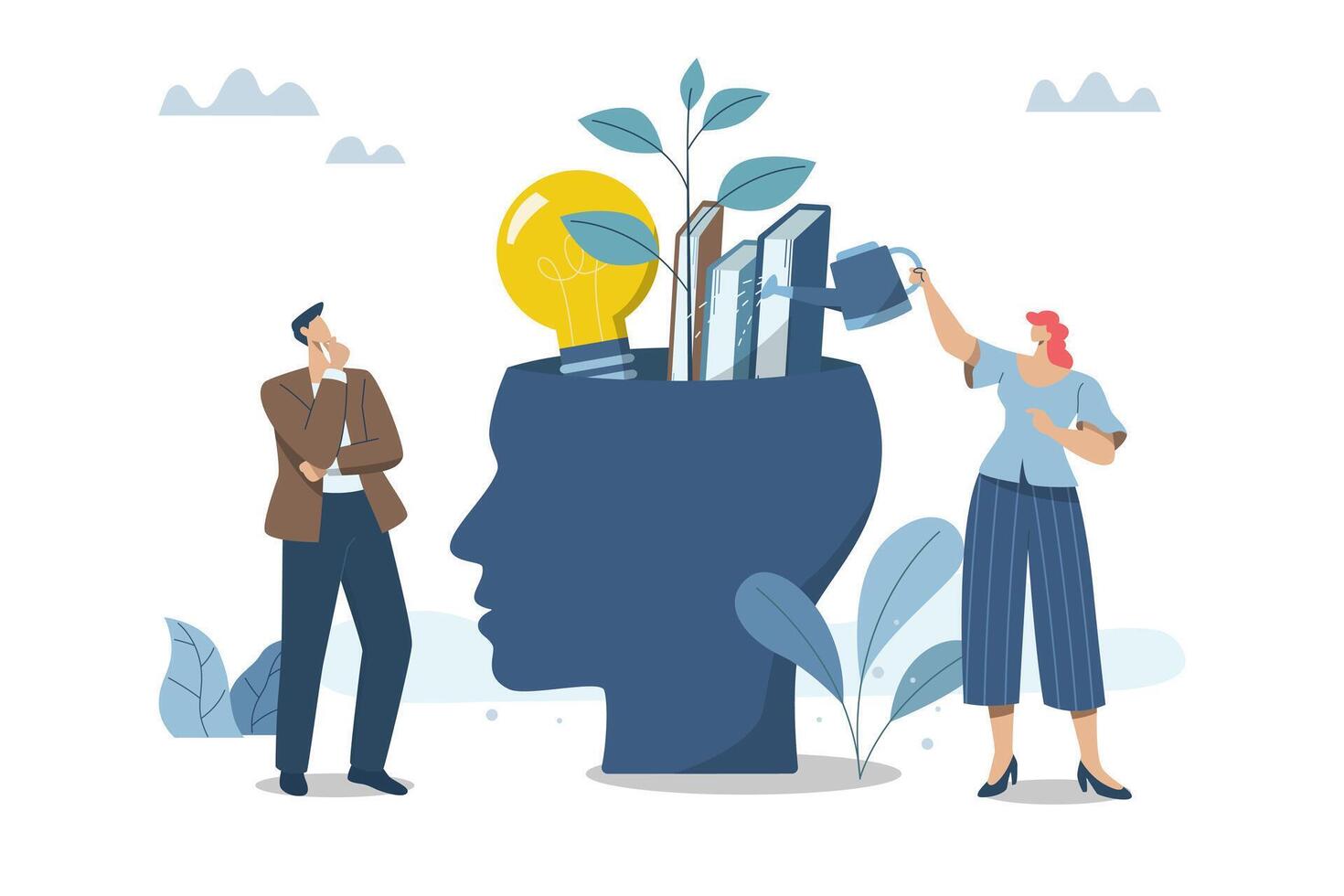 Self improvement, Increasing skills, Knowledge and abilities for oneself, Personal growth in the organization, Professional learning, Business team is watering the plants that grow from themselves. vector