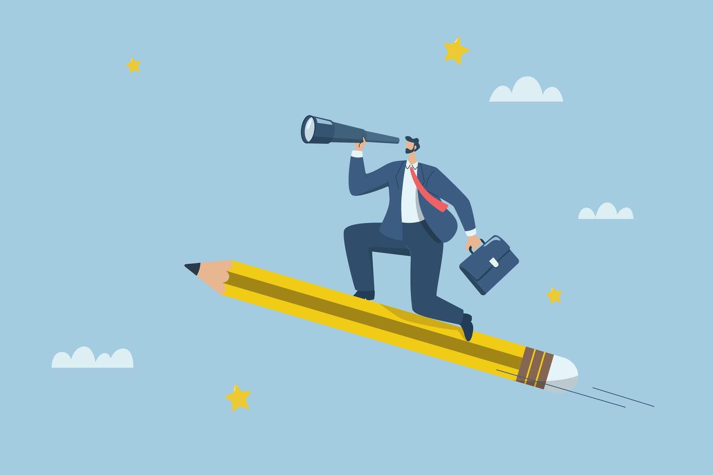 Inspiration leads to success, Perseverance or finding the direction of business and career that will be successful, Businessman with binoculars riding a pencil in the sky searching for big ideas. vector