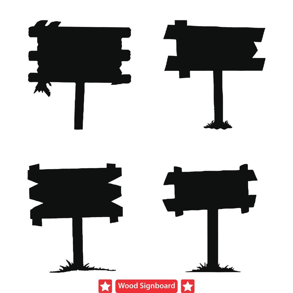 Rural Retreat Silhouette Set Evoking Serene Wood Signboard Scenes vector