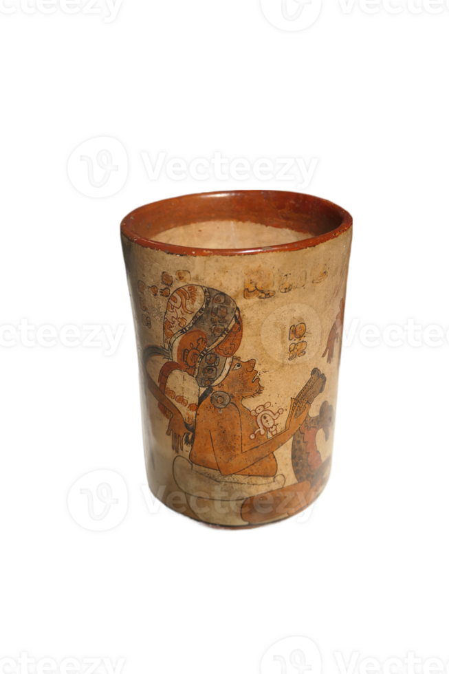 Late Classic AD 600 to 900 cylindrical polychrome jars with complex anthropomorphic, geometric, and glyph painted decoration. Polychrome pottery was an elaborate, advanced art form of the Maya. png