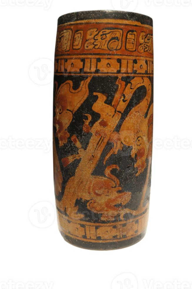 Late Classic AD 600 to 900 cylindrical polychrome jars with complex anthropomorphic, geometric, and glyph painted decoration. Polychrome pottery was an elaborate, advanced art form of the Maya. png