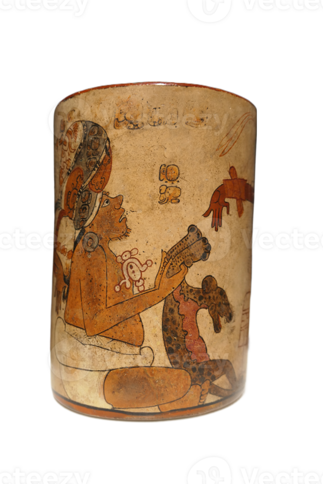 Late Classic AD 600 to 900 cylindrical polychrome jars with complex anthropomorphic, geometric, and glyph painted decoration. Polychrome pottery was an elaborate, advanced art form of the Maya. png