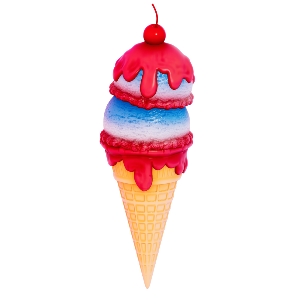 Dessert 4Th of July 3D, Ice cream cones with scoops of red, white, and blue on transparent background, 3D Rendering png