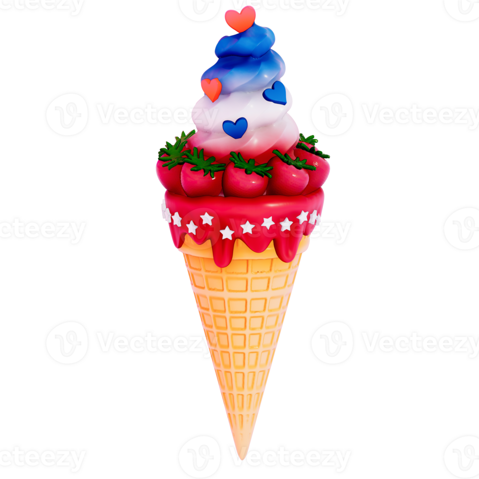 Dessert 4Th of July 3D, Ice cream cones with scoops of red, white, and blue on transparent background, 3D Rendering png