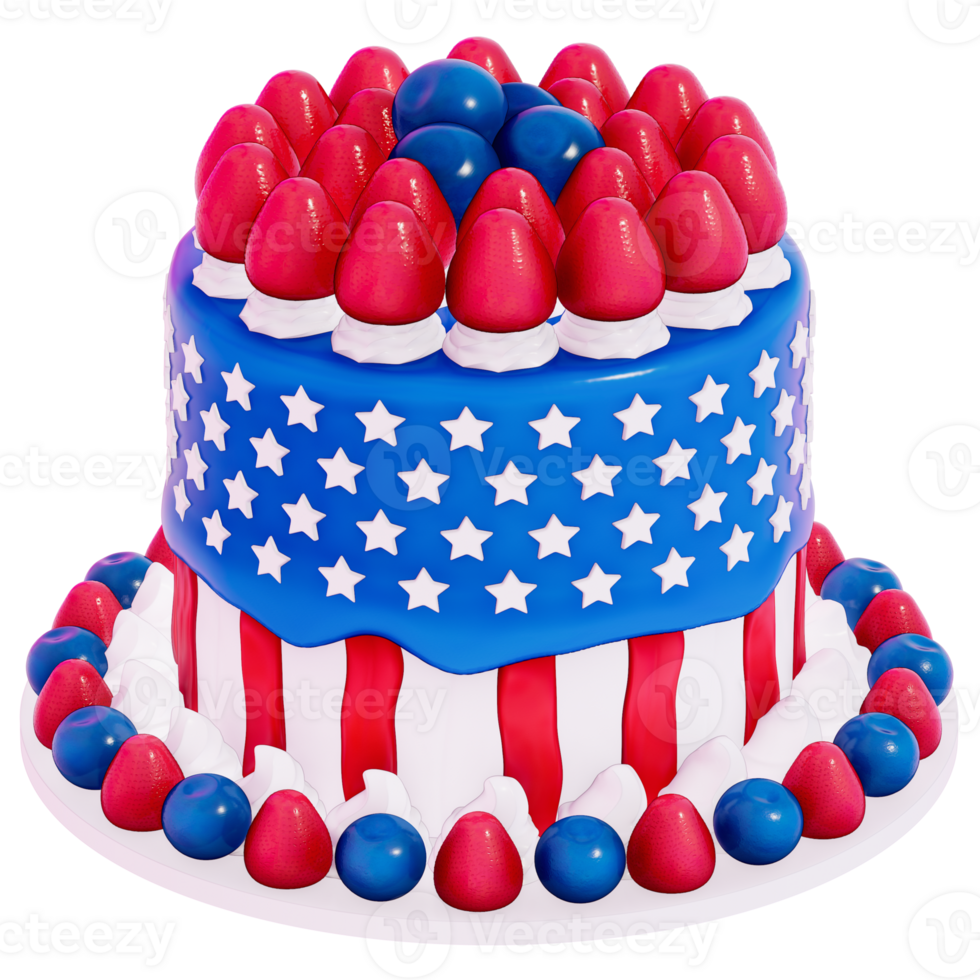 Dessert 4Th of July 3D, Cake decorated to resemble the American flag on transparent background, 3D Rendering png